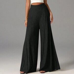 Black Casual Women's Elegant High Waist Wide Leg Textured Pants